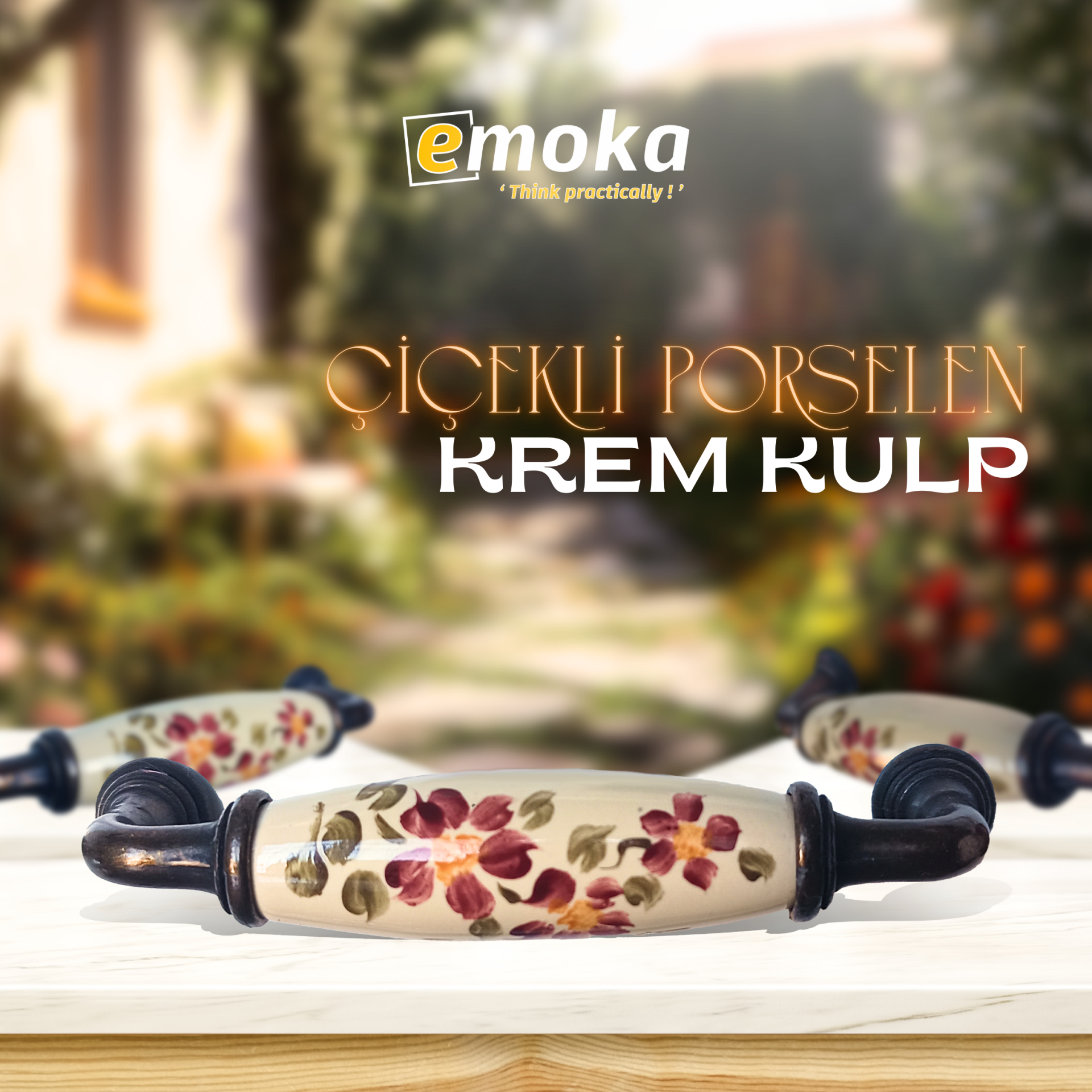 Çiçekli Krem Porselen Kulp (96mm)